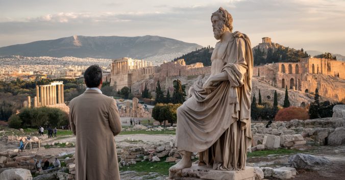 A man standing in front of ancient greek ruins. Photo: AI-generated in Microsoft Designer by Ashkan Atry.